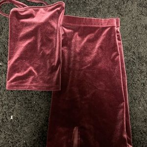 velvet burgundy crop top set with skirt